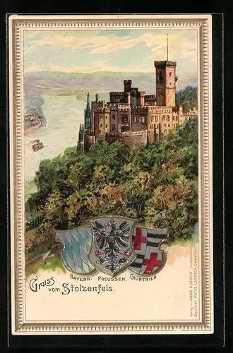 Passepartout-Lithographie Stolzenfels, Schloss mit Fluss, Wappen