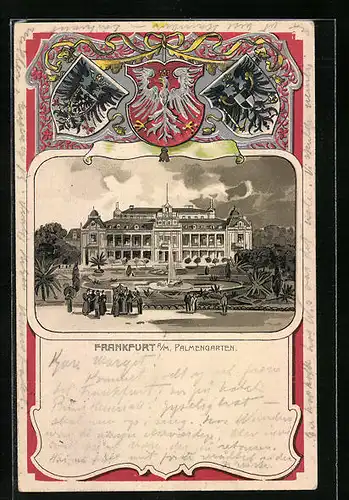 Passepartout-Lithographie Frankfurt-Westend, Palmengarten, Wappen