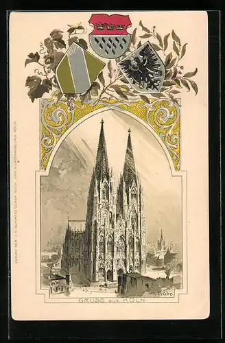 Passepartout-Lithographie Köln, Dom mit Umgebung, Wappen