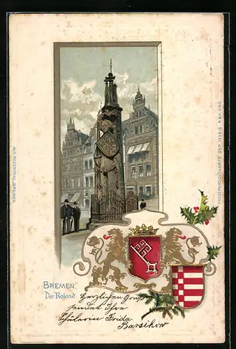 Passepartout-Lithographie Bremen, Der Roland, Wappen