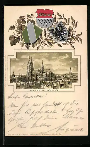 Passepartout-Lithographie Köln, Totalansicht mit Dom, Wappen