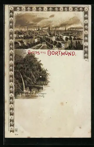 Lithographie Dortmund, Anlagen der Kronenburg, Panorama