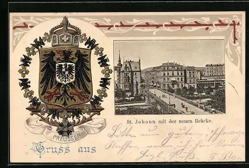 Passepartout-Lithographie St. Johann, Ortspartie mit neuer Brücke, Wappen