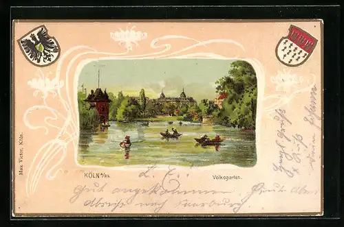 Passepartout-Lithographie Köln-Neustadt, Volksgarten mit Teich, Wappen