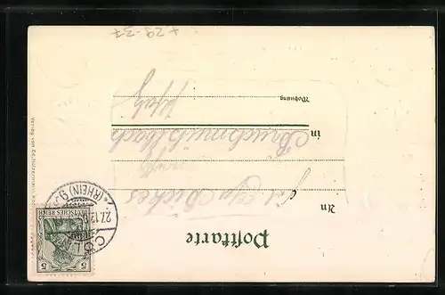 Passepartout-Lithographie Köln-Neustadt, Volksgarten mit Teich, Wappen