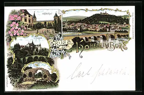 Lithographie Hohenlimburg, Schloss, Schloss-Hof, Hünnenpforte