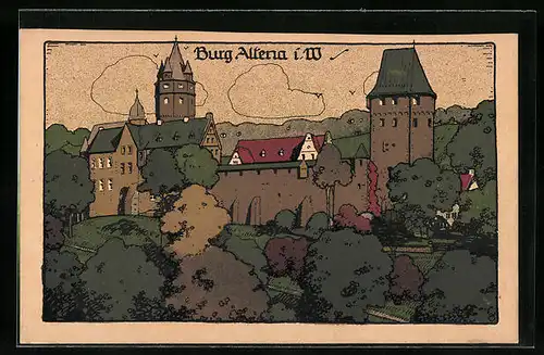 Steindruck-AK Altena, Totalansicht der Burg