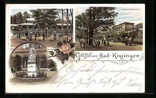 Lithographie Bad Kissingen, Rakoczy-Brunnen, Conversationsgebäude, Denkmal Ludwig I.