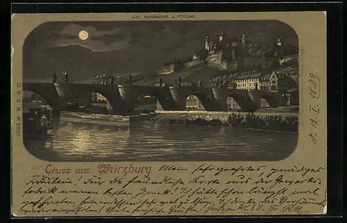 Mondschein-Lithographie Würzburg, Alte Mainbrücke u. Festung