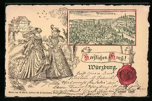 Lithographie Würzburg, Totalansicht, Damen aus alter Zeit