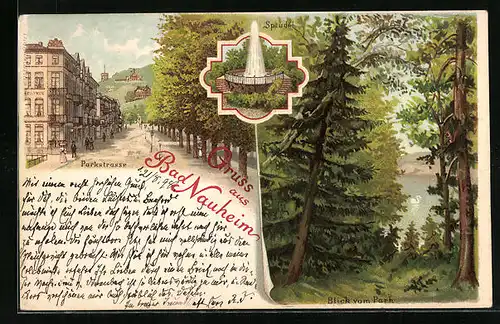 Lithographie Bad Nauheim, Parkstrasse, Blick vom Park, Sprudel