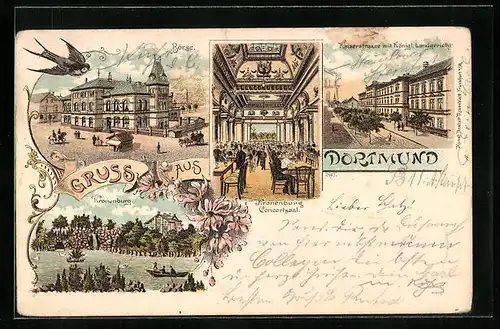 Lithographie Dortmund, Gasthaus Kronenburg, Kaiserstrasse m. Kgl. Landgericht, Börse