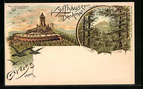 Lithographie Kyffhäuser, Kaiser-Wilhelm-Denkmal, Rothenburg