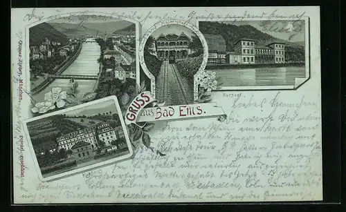 Mondschein-Lithographie Bad Ems, Kurhaus, Malbergbahn, Totalansicht vom Kriegerdenkmal