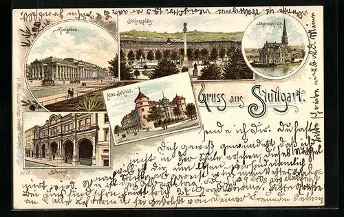 Lithographie Stuttgart, Bahnhof, Königsbau, Altes Schloss