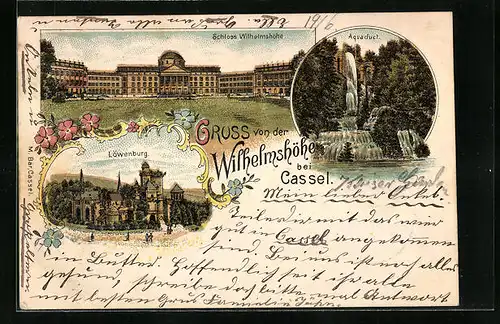 Lithographie Cassel-Wilhelmshöhe, Löwenburg, Schloss, Aquäduct