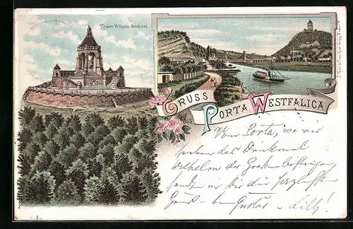 Lithographie Porta Westfalica, Kaiser-Wilhelm-Denkmal, Panorama