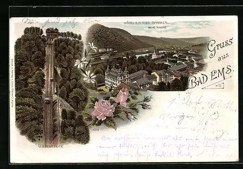 Lithographie Bad Ems, Hotel zu den Vier Türmen, Malbergbahn