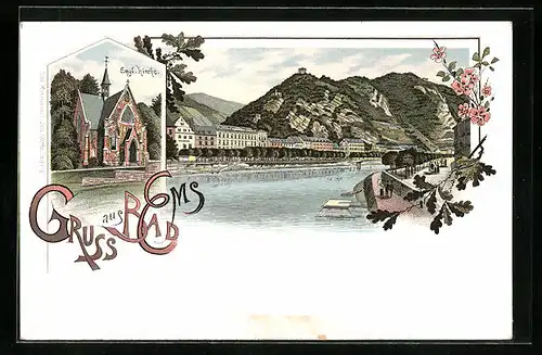 Lithographie Bad Ems, Engl. Kirche, Totalansicht
