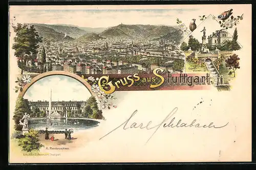 Lithographie Stuttgart, K. Residenzschloss, Totalansicht