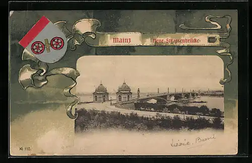 Passepartout-AK Mainz, Neue Strassenbrücke aus der Vogelschau
