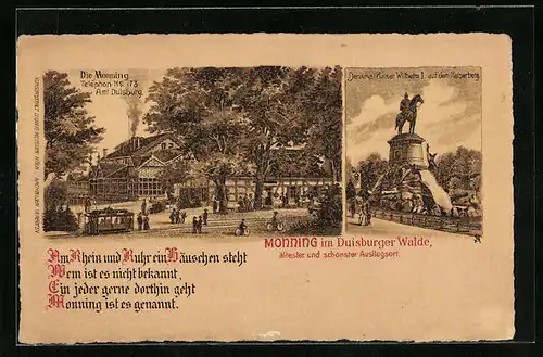 Lithographie Duisburg, Gasthaus Monning, Denkmal Kaiser Wilhelm I.