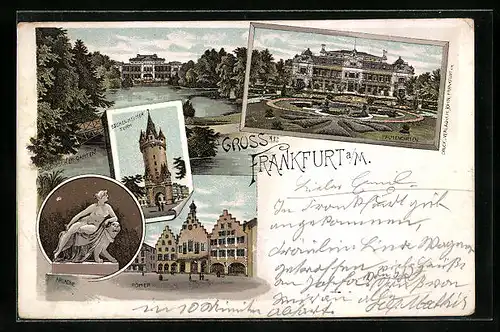 Lithographie Frankfurt a. M., Römer, Palmengarten, Eschenheimer Turm