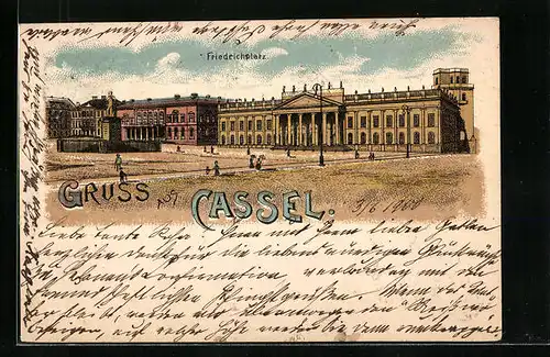Lithographie Cassel, Friedrichplatz mit Denkmal