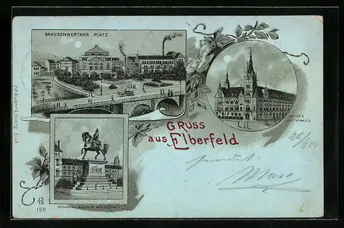 Mondschein-Lithographie Elberfeld, Brausenwerther Platz, Neues Rathaus, Denkmal Kaiser Wilhelm I.