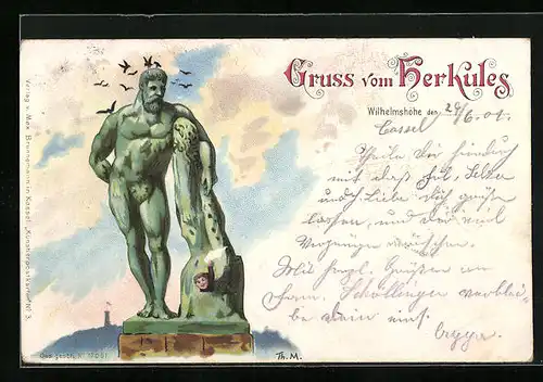 Lithographie Wilhelmshöhe, Gruss vom Herkules