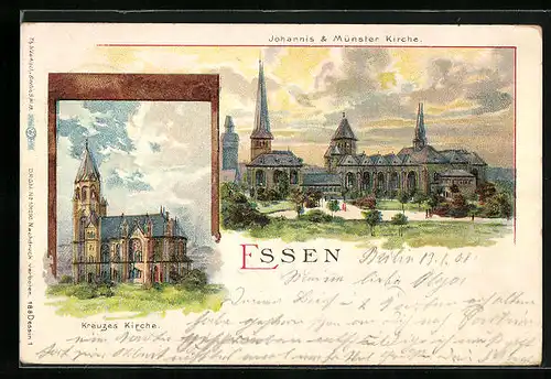 Lithographie Essen, Kreuzes Kirche und Johannis & Münster Kirche