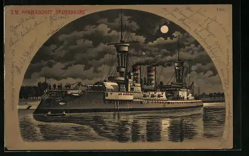 Mondschein-Lithographie SM Panzerschiff Brandenburg, Ostasiengeschwader