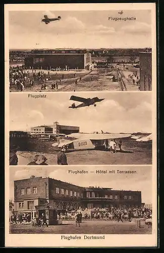 AK Dortmund, Flughafen, Hotel mit Terrassen, Flugzeughalle