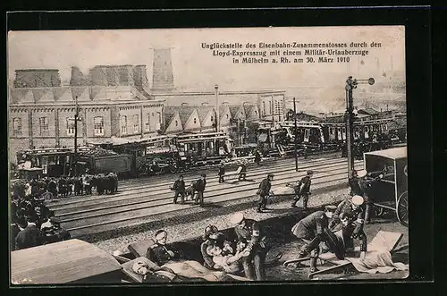 AK Köln-Mülheim, Eisenbahnkatastrophe am 30.03.1910, Zusammenstoss eines Lloyd-Expresszuges mit einem Militär-Urlauberzug