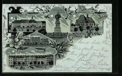 Mondschein-Lithographie Hanau, Ulanen-Kaserne, Infanterie-Kaserne, Marktplatz