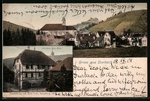 AK Durbach, Gasthaus zum Ritter, Ortspartie mit Kirche
