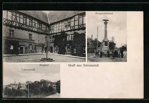 AK Schlanstedt, Schloss, Burghof, Kriegerdenkmal, Totalansicht