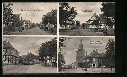 AK Diersheim bei Kehl, Hauptstrasse, Kirche, Schule und Pfarrhaus
