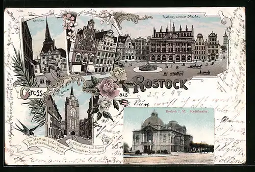 Lithographie Rostock i. M., Steintor, Alte Giebelhäuser, Aufgeklebte Ansicht des Stadttheaters