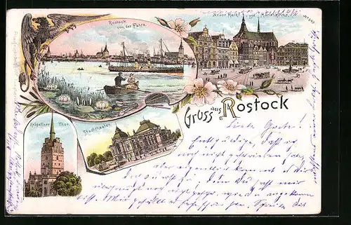 Lithographie Rostock i. M., Kröpeliner Tor, Stadttheater, Dampfer