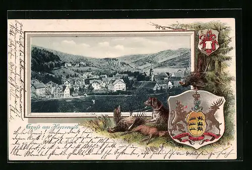 Passepartout-Lithographie Herrenalb, Jagdhund mit erlegtem Hasen und Birkhuhn, Wappen