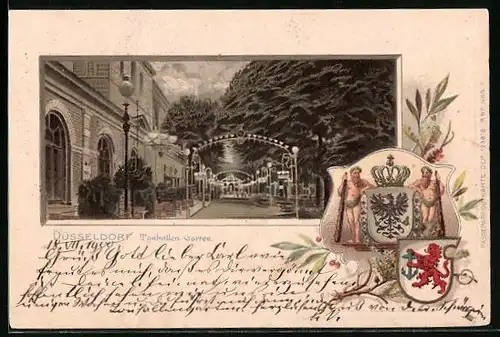 Passepartout-Lithographie Düsseldorf, Torhallen Garten mit Beleuchtung, Wappen