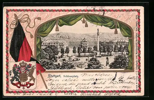 Passepartout-Lithographie Stuttgart, Brunnen und Denkmal am Schlossplatz, Wappen