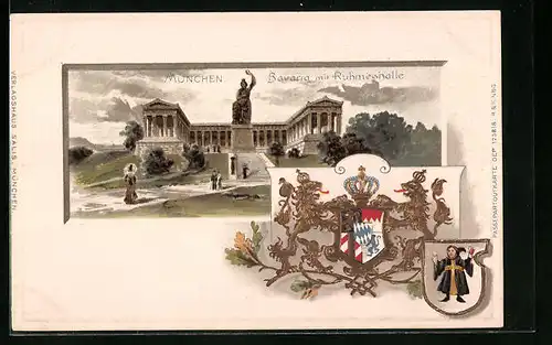 Passepartout-Lithographie München, Bavaria mit Ruhmeshalle, Wappen