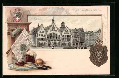 Passepartout-Lithographie Alt-Frankfurt, Römer, Echte Frankfurter Würstchen, Wappen