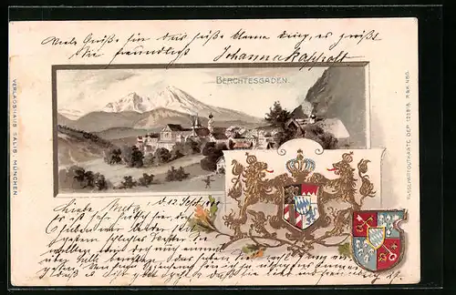 Passepartout-Lithographie Berchtesgaden, Ortsansicht aus der Ferne, Wappen