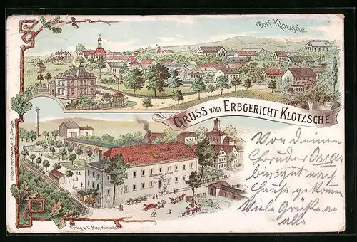 Lithographie Dresden-Klotzsche, Teilansicht, Gasthof Erbgericht