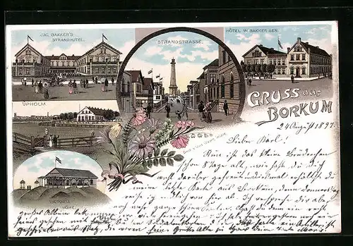 Lithographie Borkum, Jag. Bakker`s Strandhotel, Hotel W. Bakker Sen., Upholm