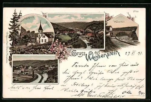 Lithographie Weissenstein, Ruine Rabeneck, Wasserfall, Totalansicht