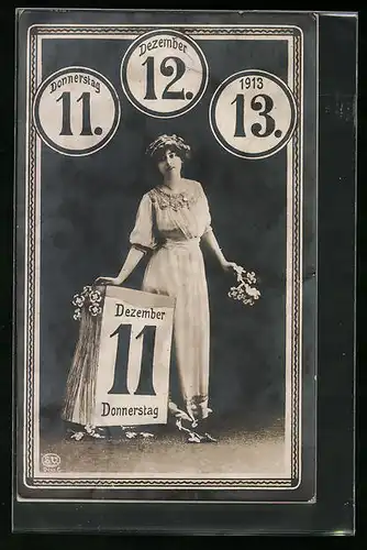 AK Abreisskalender mit einer jungen Frau im weissen Kleid mit Blumen